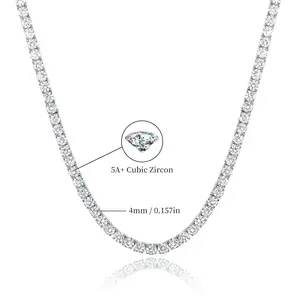 [5A+ Cubic Zirconia]MDFUN Unisex 4.0mm Round Cut Cubic Zirconia Tennis Chain Necklace for Men & Women, Iced Out Style, Fashionable Everyday Wear