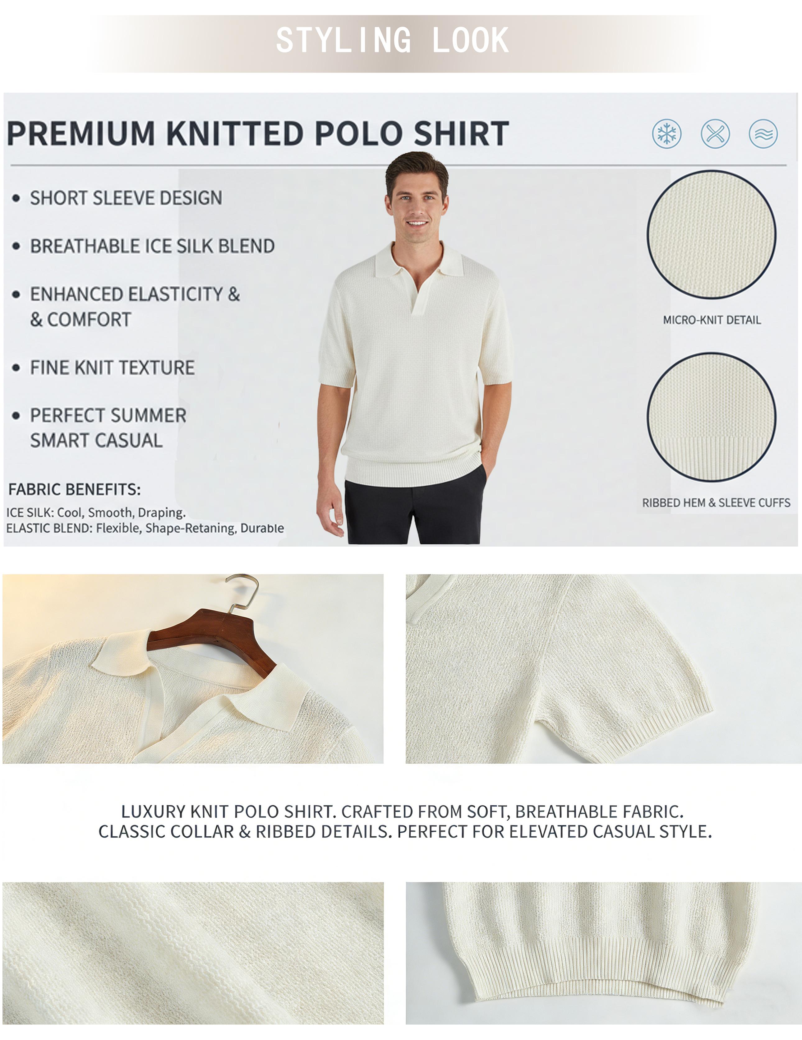 #SummerVibes 2026 Men's V Neck Short Sleeve Stretch Knit Polo Shirt Men's Ribbed Polo Shirt - Short Sleeve V-Neck Polo Shirt - Casual Summer Polo Shirt for Golfing, Leisure, Daily Work, Formal Occasions