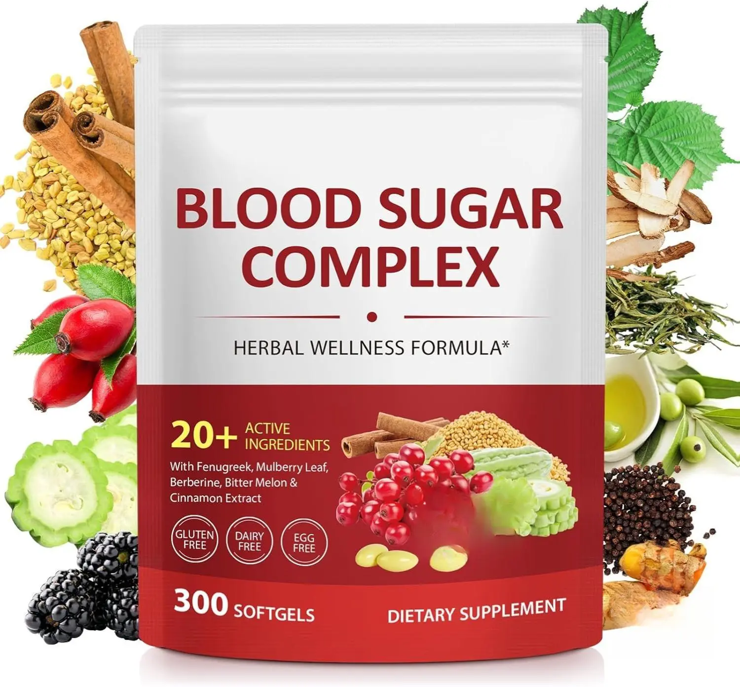 300-Count Blood Sugar Complex Dietary Supplement Softgels - 20+ Active Natural Herbs (Cinnamon, Bitter Melon, Mulberry Leaf, Fenugreek, Berberine) & Vitamins for Energy, Vitality Support | Clean Ingredients | Blood Sugar Control Vitamins Supplements