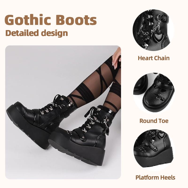 Platform Ankle boots for Women Goth Rave Boots Kawaii Shoes Cute Heart Lace Up Rave Wedge High Heel Round Toe Combat Boots Zipper Wedges Mid Calf Booties with Chain Outdoor Dress