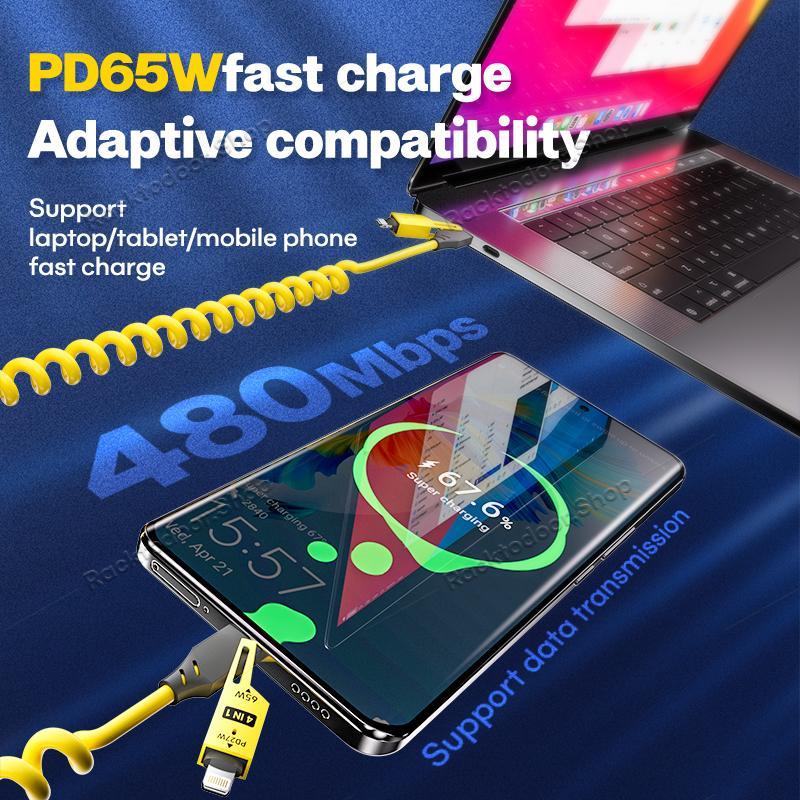 4 in 1 Spring Fast Charging Cable, 65W USB-C PD Multi Fast Charging, Universal USB Charger Cable 1.2m/4ft Coiled Retractable Cable  Fast Car Charging & Data Sync for iPhone Samsung Laptop