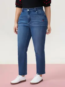 【Summer Turn-Up】BlOOMCHIC plus size Women's Cherry Embroidered Mid-Rise Straight Leg Jeans, Ideal Gift for Spring Break, Easter Day, Mother's Day [M-6X] 2026 Summer Pick for Mother's Day