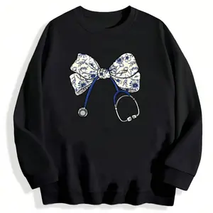 Floral Blue Coquette Bow Nurse Sweatshirt with Long Sleeves and Stethoscope Design