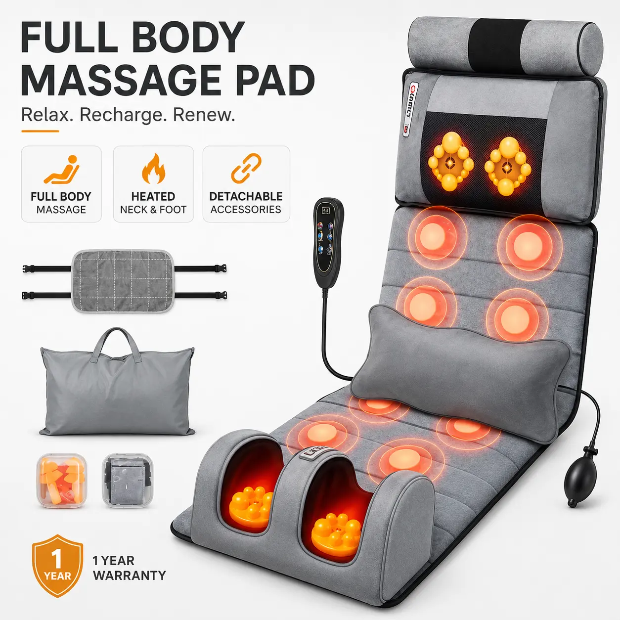 Soft Velvet Electric Full Body Heating Vibration Mat - Multi-Functional Massage Pad with Neck/Foot Massage, Head Pillow, Cloth Lumbar Pillow, Timer, Anti-Slip Bottom, Earplugs, Adjustable Settings, Storage, Easy Controls, Home & Travel Gift, Multiple Sett