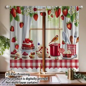 2pcs 2D Flat Printed "Red Dining Table Decor, Strawberry Pattern, Warm and Cozy, Machine Washable and Easy to Care for, Suitable for Kitchen, Dining Room, Farmhouse, Polyester Fiber Material, Small Window Curtains