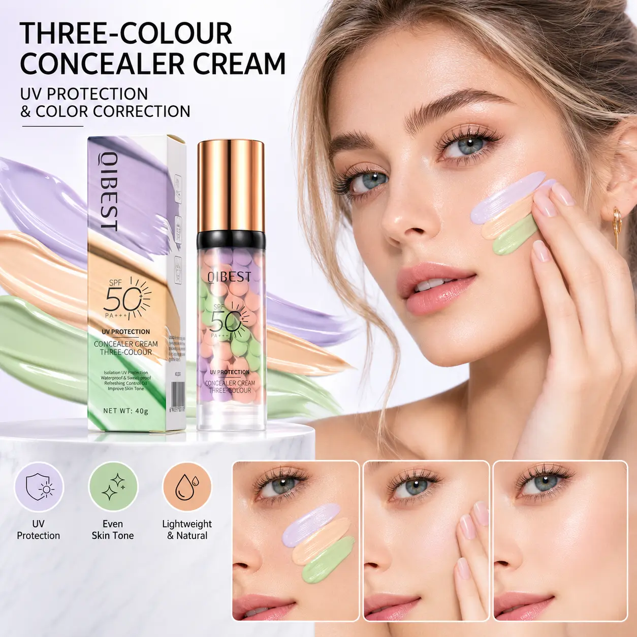 Three-Color Protective Isolation Cream with SPF 50 Coverage, Brightening & Oil-Control Moisturizer for Color Correction, Waterproof & Sweatproof Makeup Base,back to school