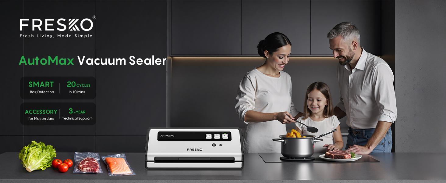 FRESKO AutoMax V2 Compact Vacuum Sealer Machine, Automatic Food Saver with Double Heat Seal, Includes Bags & Starter Kit
