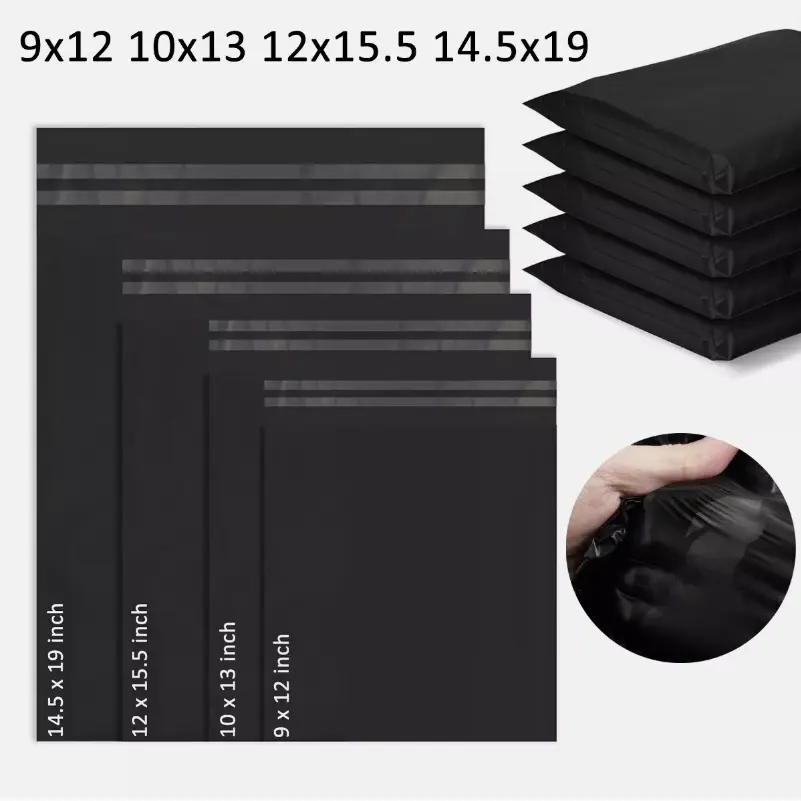 Black Poly Mailing Envelopes, Shipping Mailing Bags with 4 Sizes Available - 9x12in, 10x13in, 12x15.5in, 14.5x19in for Office Postal Supplies, Four Sizes