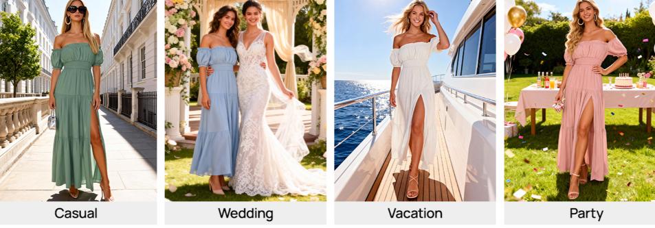 ZESICA Women's 2026 Boho Sexy Off Shoulder Short Sleeve Smocked Side Split Flowy A Line Tiered Long Maxi Dress with Pockets