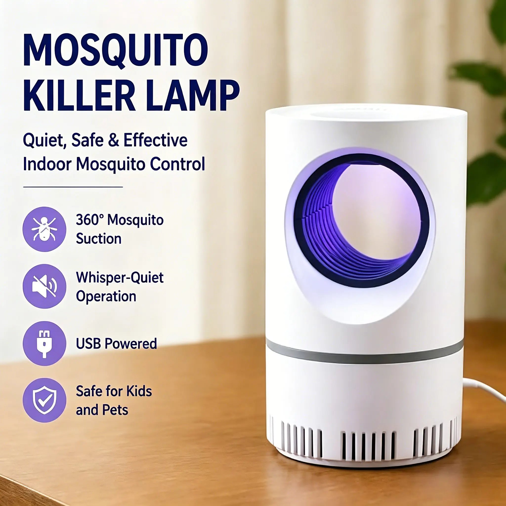 UV Mosquito Killer Lamp, Quiet 360° Omnidirectional Ιnset Trap, USB Powered, Safe For Kids And Pets, Electric Mosquito Repellent Light for Home Camping Patio