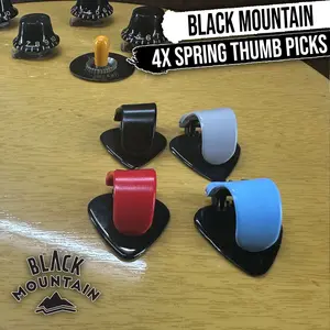 BLACK MOUNTAIN Variety Pack of Spring Loaded Thumb Picks (4 Pack) for Acoustic & Electric Guitar, Ukulele, Banjo, Dobro, Mountain Dulcimer, Mandolin, and More. Right Handed for Medium to XL Thumbs