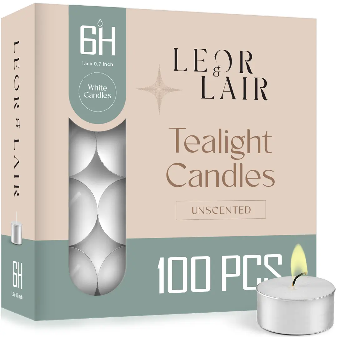 Leor & Lair Tea Light Candles - 100 Packs - 4 to 8 Hour Burn Time - Unscented Tealight Candles for Everyday Use, Restaurants, Weddings, Engagement, Home Decor, in Aluminum Cups