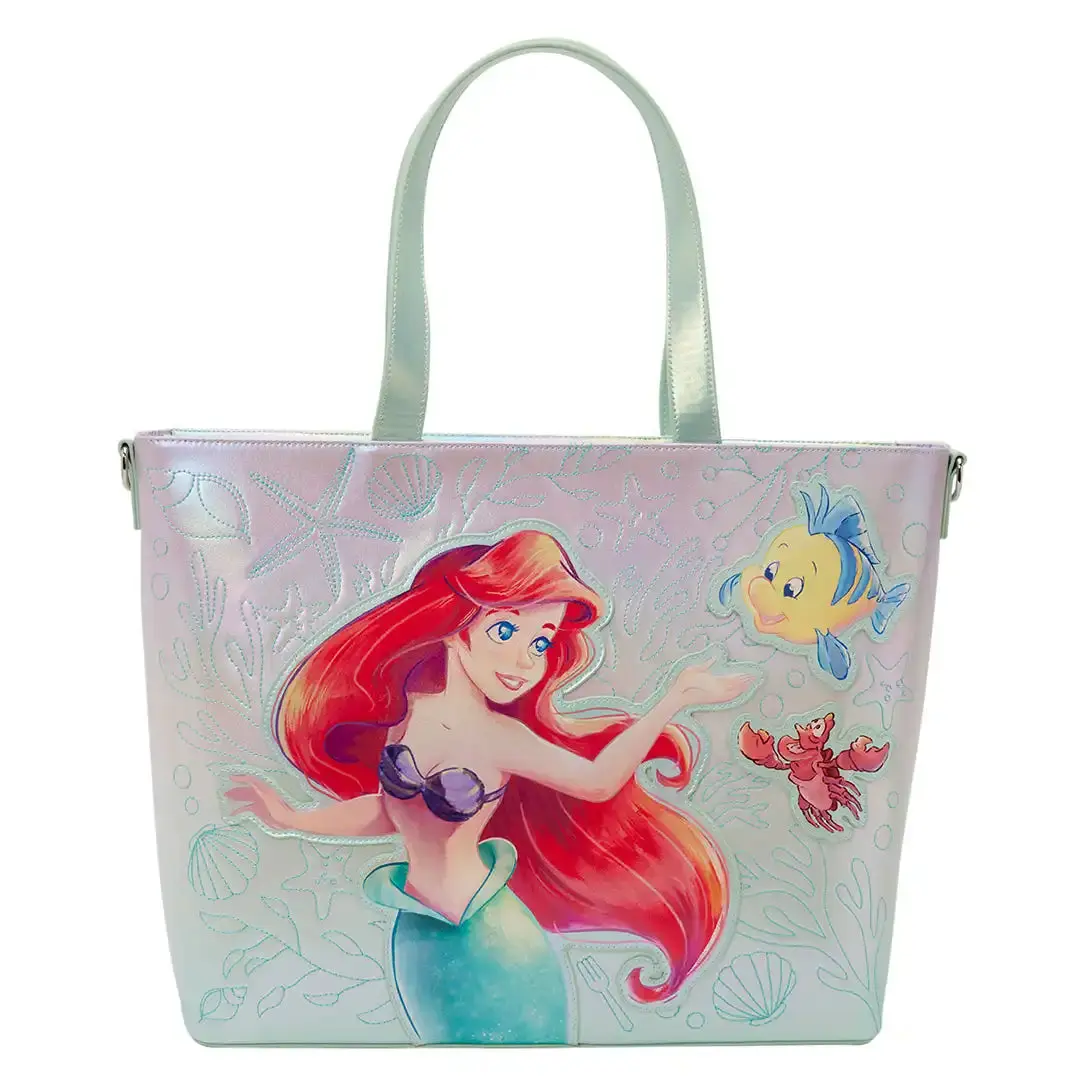 Loungefly Disney Women's Iridescent Faux Leather Casual Graphic Tote Bag - The Little Mermaid Ariel, Flounder & Sebastian Design with Coin Bag (Adventure-Themed)
