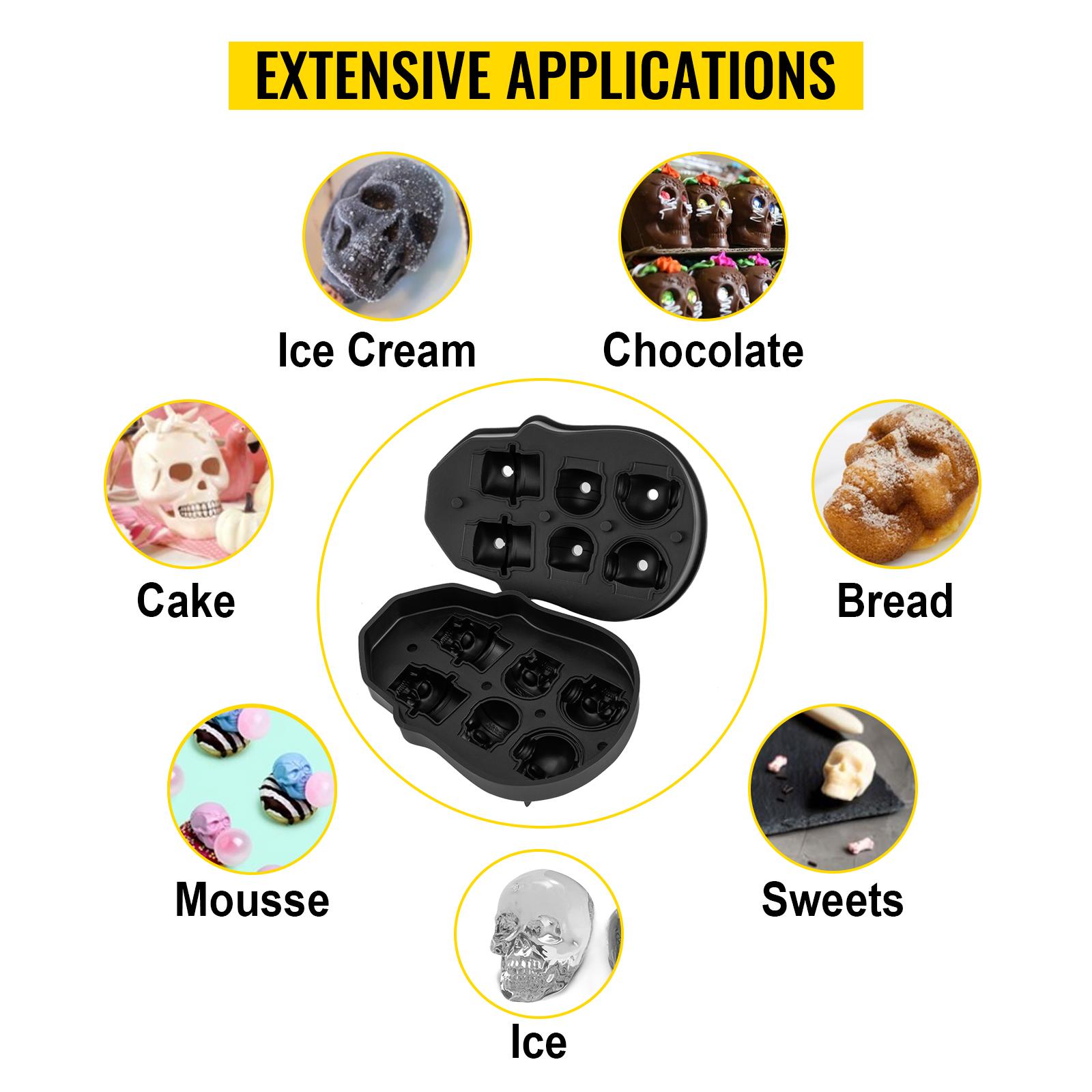 VEVOR Skull Ice Cube Tray, TikTokShopBlackFriday, 6-Grid Skull Ice Ball Maker, Flexible Black Silicone Ice Tray with Lid & Funnel, Skull Ice Cubes in 3 Distinct Patterns for Beverages & Chocolates on Parties & Holidays