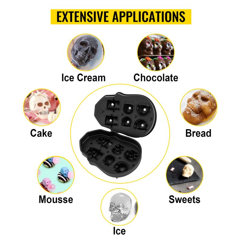 VEVOR Skull Ice Cube Tray, TikTokShopBlackFriday, 6-Grid Skull Ice Ball Maker, Flexible Black Silicone Ice Tray with Lid & Funnel, Skull Ice Cubes in 3 Distinct Patterns for Beverages & Chocolates on Parties & Holidays