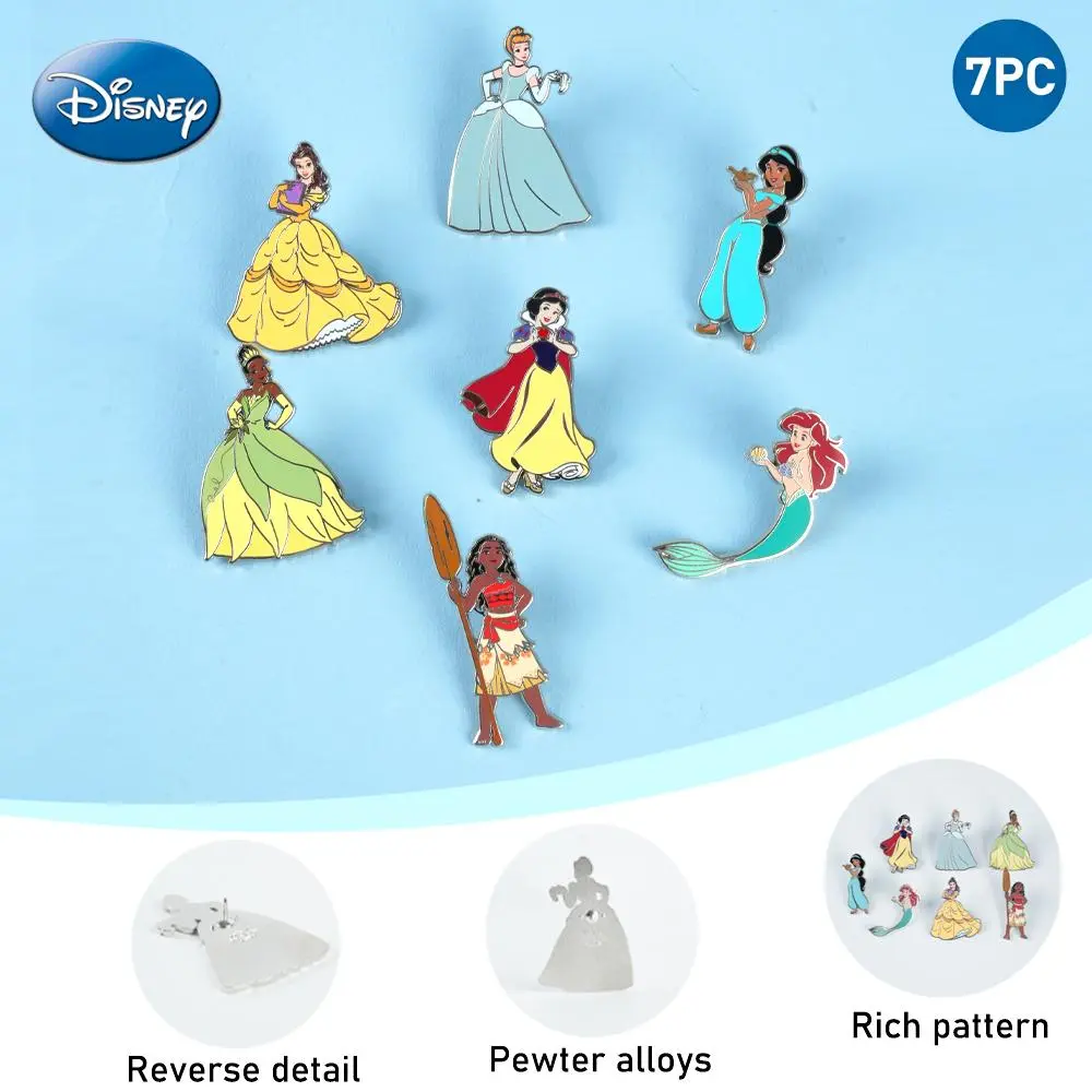 Disney Princess 7pcs Collectible Gold-Foil Alloy Brooches Set - Glamorous Gown Figure Pins for Backpack Decoration Jacket, Beach Wear, Unisex Fashion Clothes Accessory