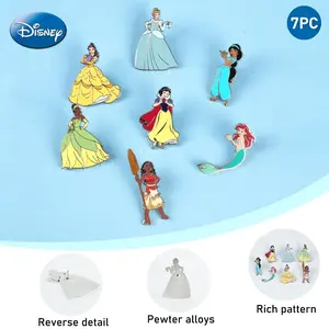Disney Princess Pin 7PCS Set Officially Licensed Gorgeous Gown Dress Gold-foil Belle Jasmine Ariel Snow White Tiana Cinderella Moana Anime Brooch Backpack Decoration Jacket Lapel Exquisite Alloy Enamel Collectible