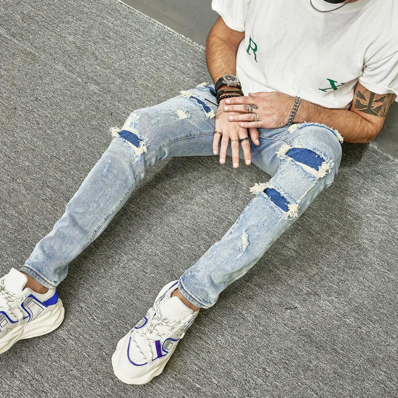 New Men's  Jeans patched denim Pants Spring Streetwear Hip Hop Slim Male Stylish Ripped Solid Casual Denim Holes SkinnyTrousers Menswear Underwear Human Pocket Motocross Beige Plain