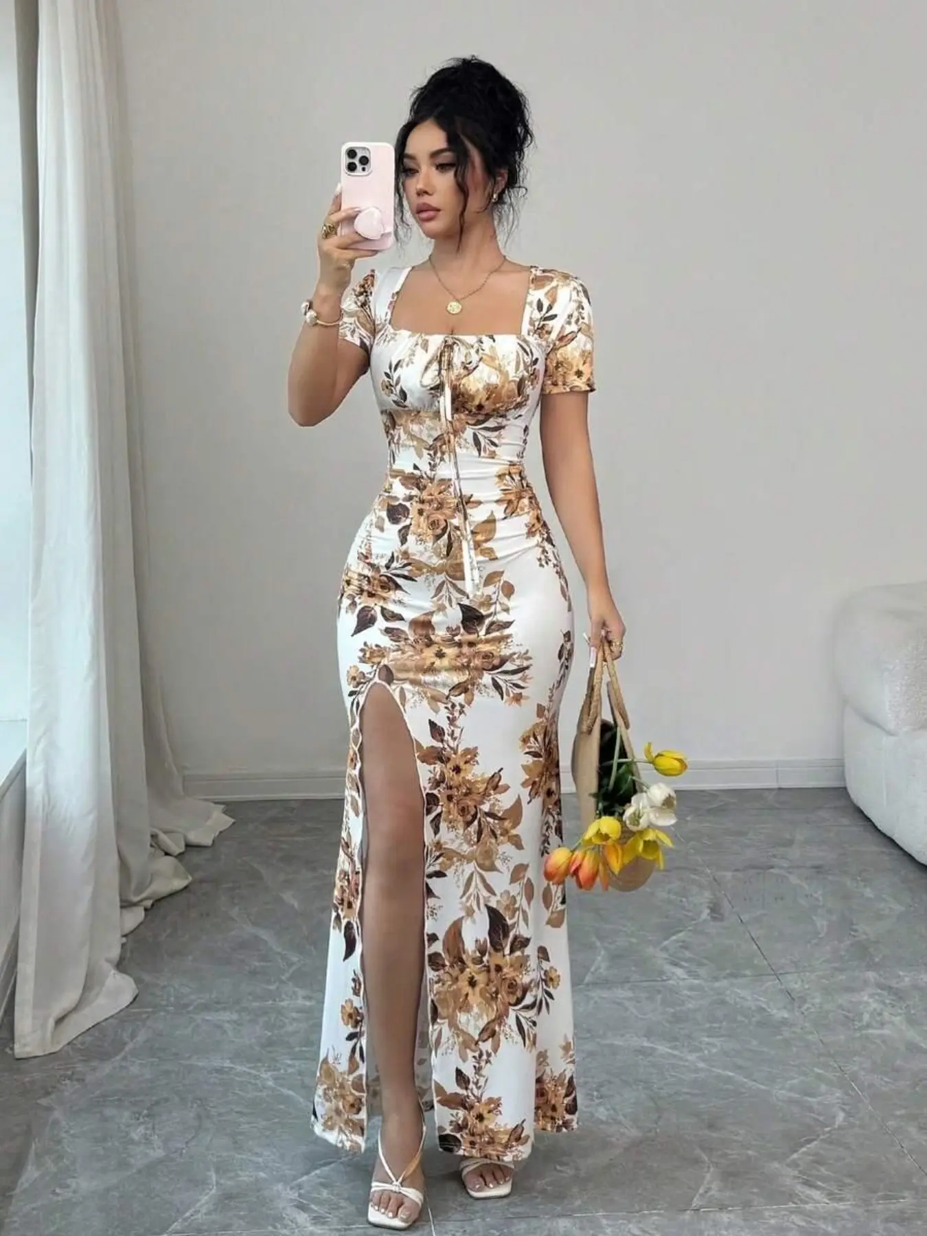 Women's Summer Split Hem Short Sleeve Long Formal Dress, Elegant Waist Cinch Dress for Vacation, Beach & Holiday, Floral Print Evening Gown, Dress Up Gown, Fashion Dress