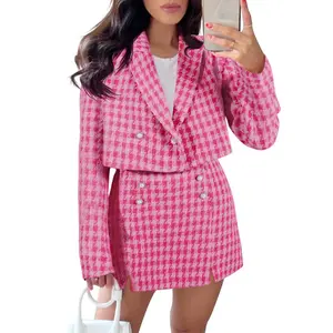 Cicy Bell Womens Cropped Tweed Blazer Sets 2 Piece Outfits and Mini Skirt Sets Business Casual Suits Beige Plaid Pattern Long Sleeve Button Front Durable Everyday Wear Chic Style
