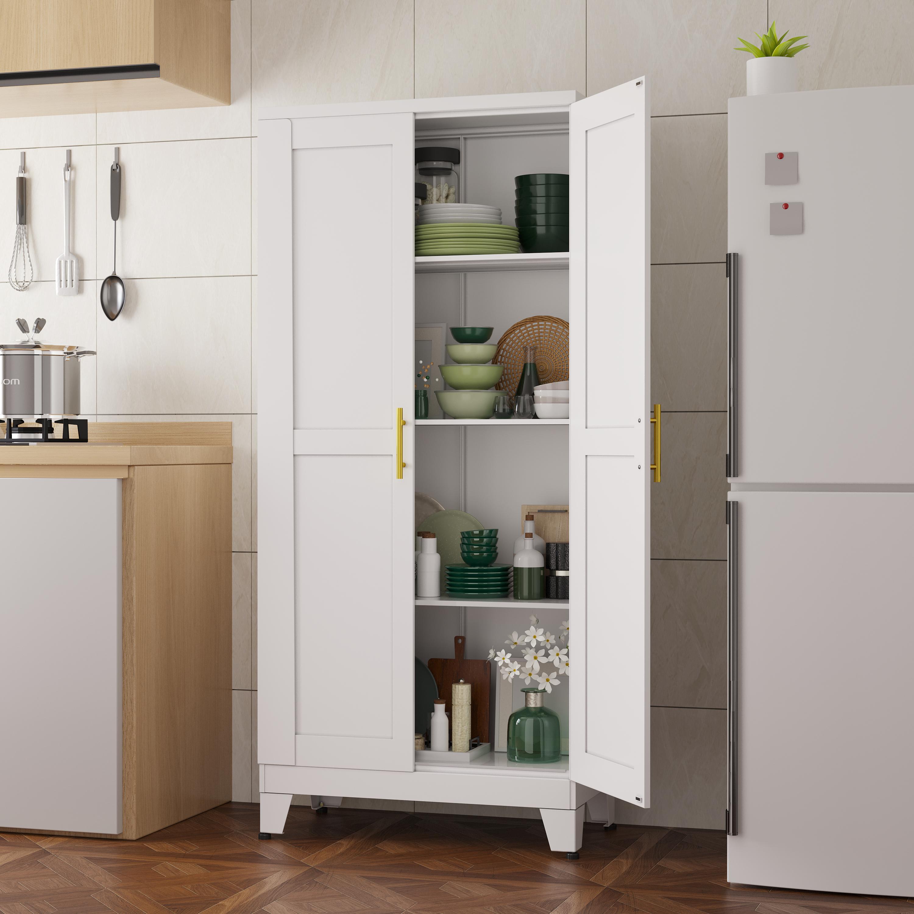 Metal Pantry Cabinet 61" with 2 Doors and Adjustable Shelves Kitchen Storage Cabinet with Gold Handles - Versatile Storage for Kitchen, Bathroom, Dining Room, Utility Room Furniture