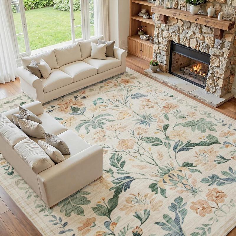 Lagre Boho Living Room Rug Soft Non-Slip Thin Carpet Indoor Floor Non-Shedding Neutral Floral Carpets for Bedroom Dining Room Farmhouse Nursery Washable Rug