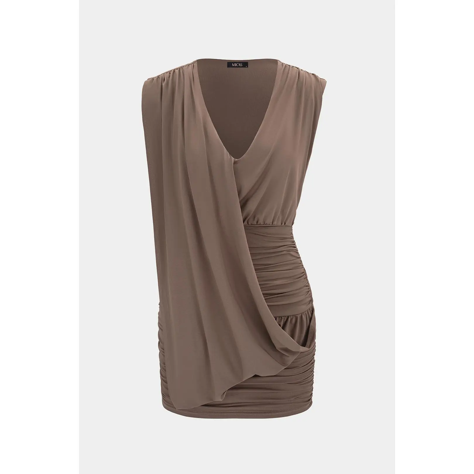 Women's Slim Cut Jersey Mini Dress - Sleeveless, Deep V-Neck, Asymmetrical Ruched Detail, Mini Length for Social Parties