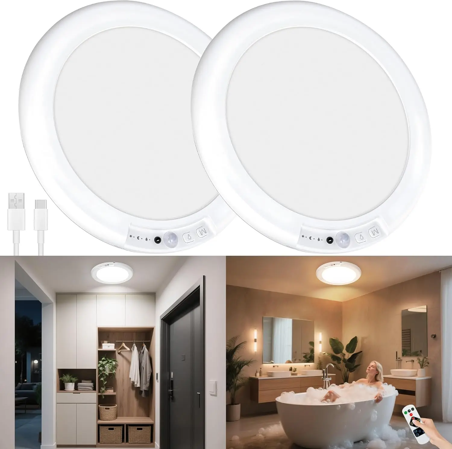 Rechargeable LED Ceiling Spot Light (1/4 Pack), Wireless Battery-Operated Magnetic Mount Light with Remote, Motion Sensor, 3-Color Temperature Dimmable, IP54 Waterproof for Closet, Garage