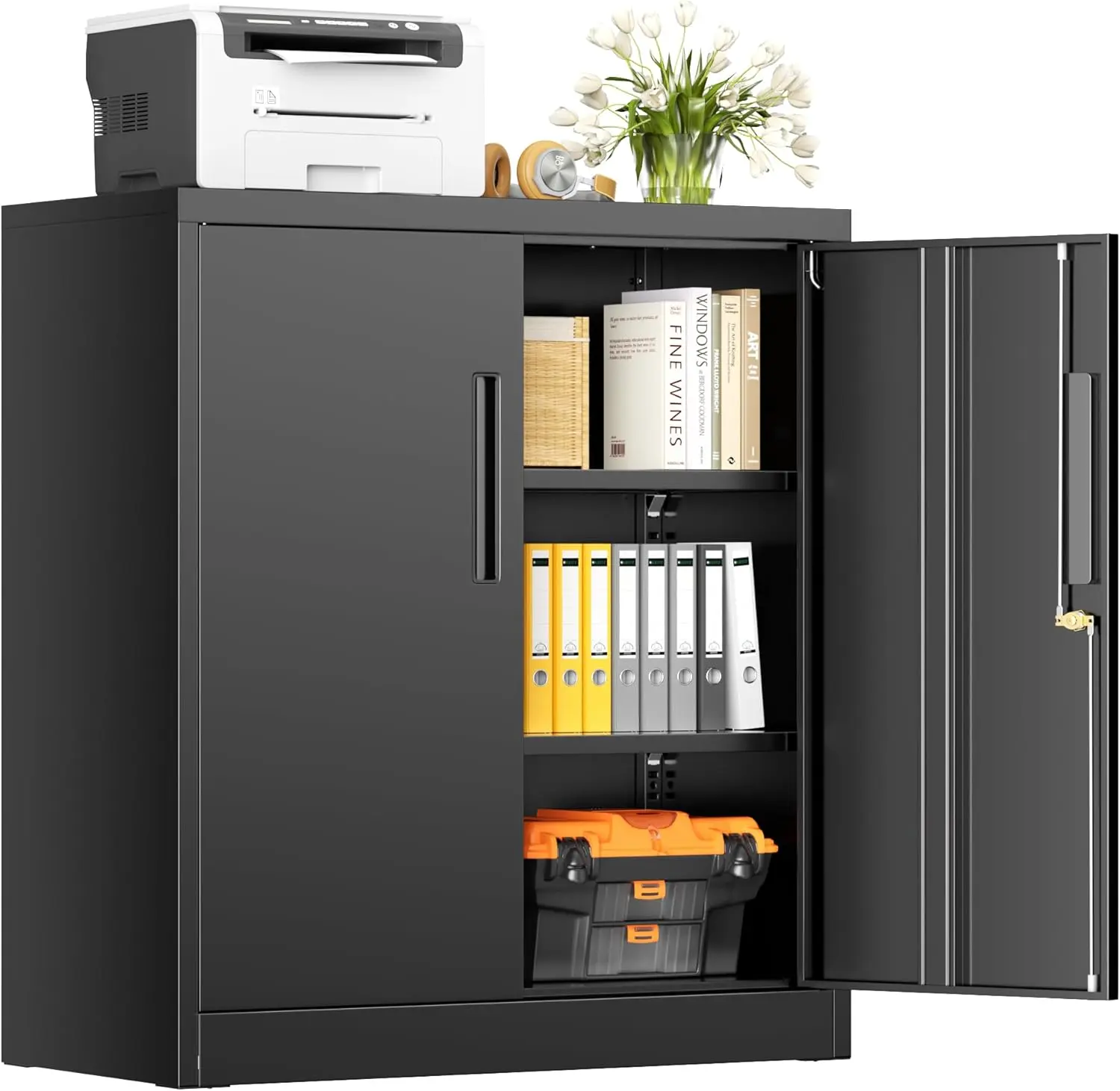 INTERGREAT Steel Storage Cabinet with Lock, Lockable Metal Storage Cabinets with 2 Adjustable Shelves, Black Counter Height Garage Cabinet#Summervibes