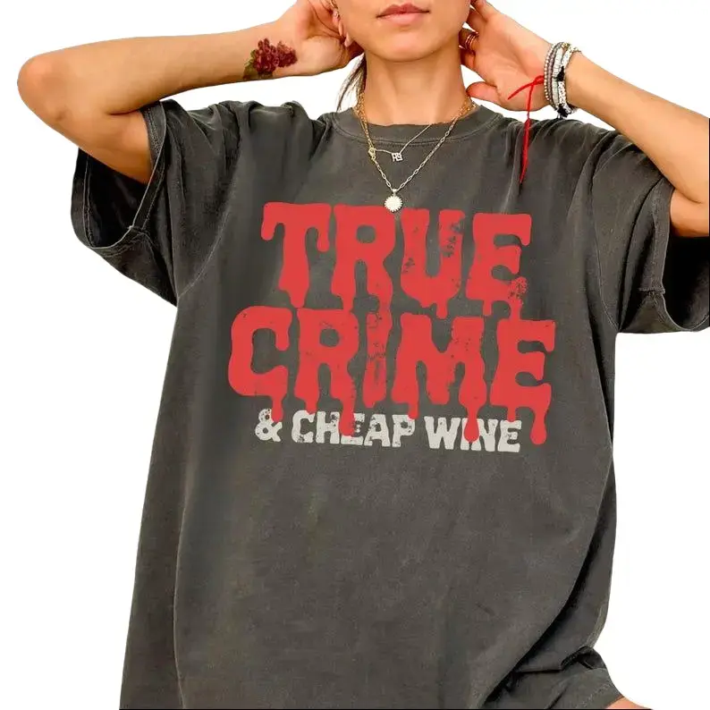 True Crime Comfort Acid Wash T-Shirt, Gameday Doodle  Tee, Trendy Women's Letter Shirt, Game Day Tee, Vintage Style Graphic Design T-Shirt, Vintage Baggy Style Streetwear Tops