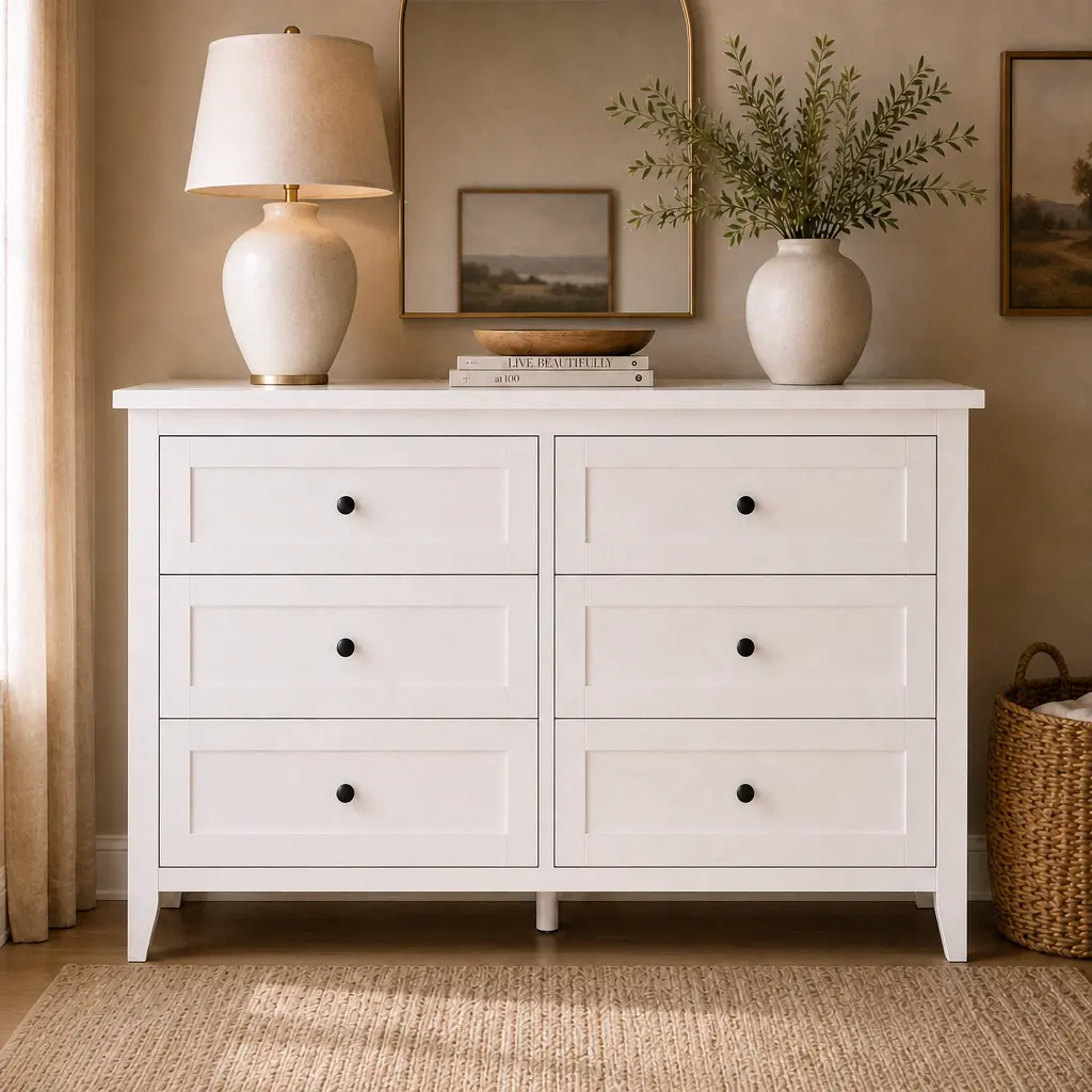 VOWNER 6 Drawer Dresser for Bedroom with Metal Knobs, Mid-Century Dresser Wood Chest Organizer with Wide Storage, for Bedroom, Living Room, White