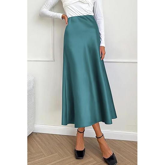 PrettyGarden Women's Midi Satin Skirt Dressy Casual High Waisted A Line Flowy Ruffle Elegant Party Skirts