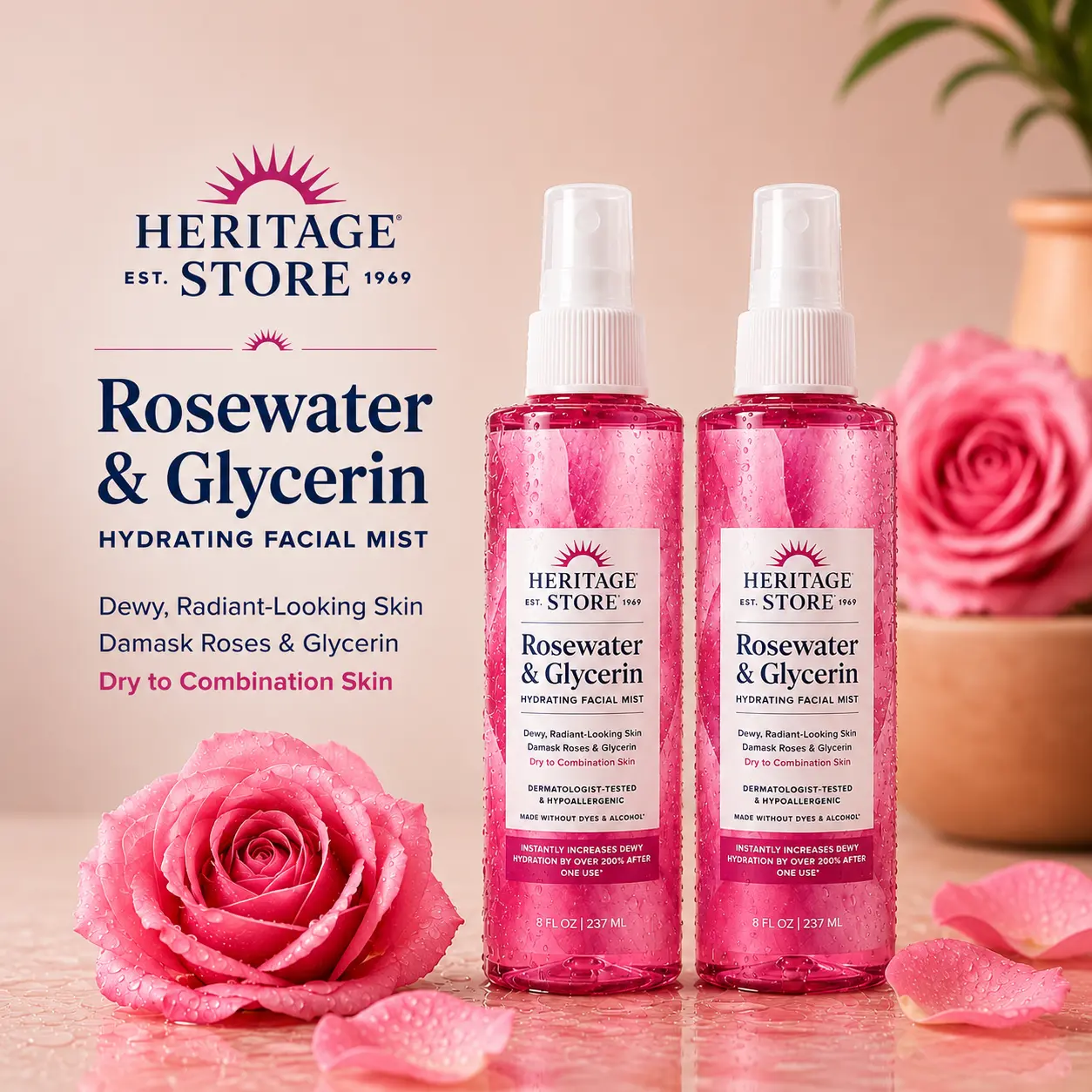 HERITAGE STORE Rosewater & Glycerin Hydrating Face Mist - 8 fl oz, Luminous Glow Up Hydration Boost for Dry & Combination Skin, Makeup Prep for Radiant Skin, Dewy Makeup, Plump Skin