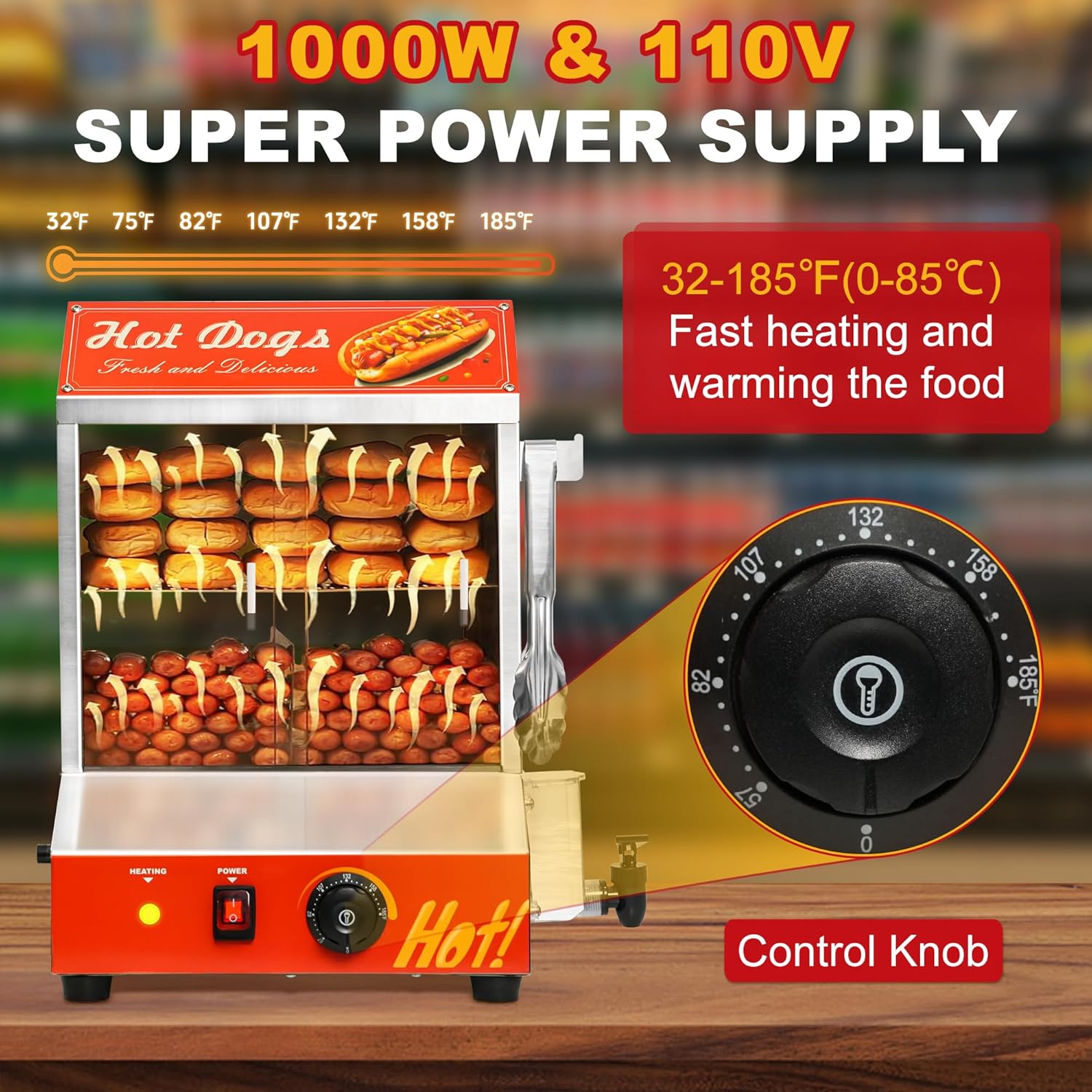 32QT Hot Dog Steamer, 2-Tier Stainless Steel Hot Dog Hut Steamer with Bun Warmer, Electric Hot Dog Bun Steamer with Sliding Door and Clip, Hold 175 Hotdogs and 40 Buns, 32℉-185℉ Temp Control, 1000W