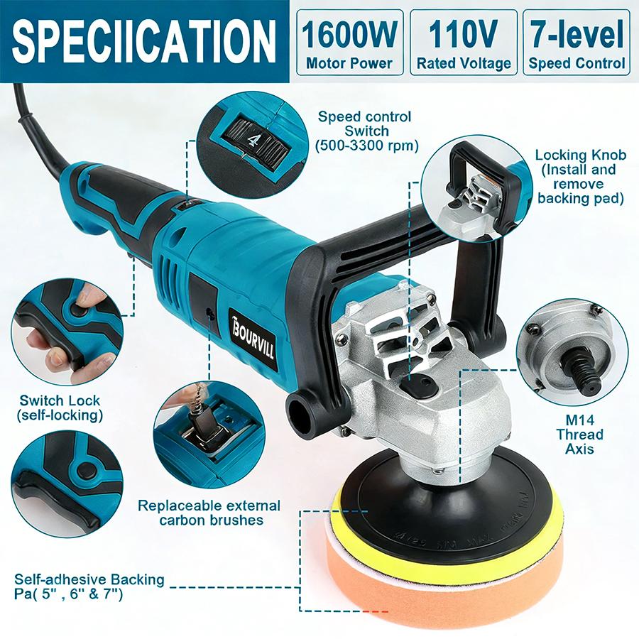 Buffer Polisher, 1600W 7 Inch Rotary Buffer Polisher Waxer, 7 Variable Speed 500-3300 RPM, Detachable Handle for Car, Boat Sanding, Polishing, Waxing Buffer Polisher, 1600W 7 Inch Rotary Buffer Polisher Waxer, 7 Variable Speed 500-3300 RPM, Detachable Handle for Car, Boat Sanding, Polishing, Waxing
