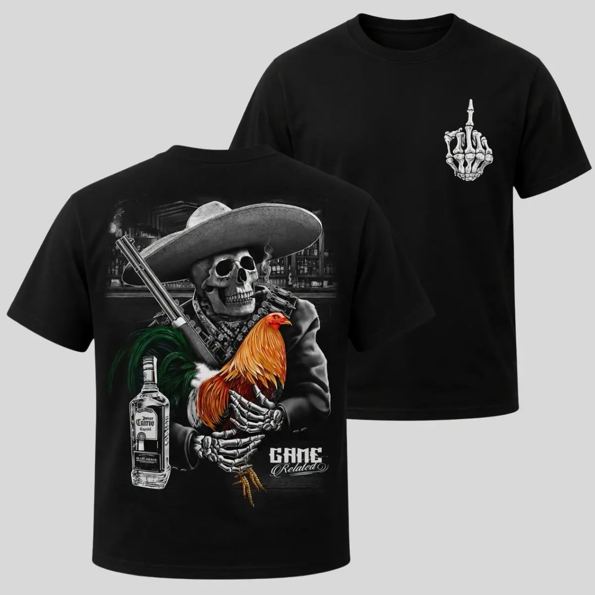 Unisex Gamefowl Rooster Short-Sleeve Cotton T-Shirt - Western Casual Streetwear, Round Neck, Double-Sided Sombrero Skull Bold Graphic Tee, Sports Enthusiasts Gift