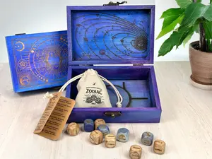 Zodiac Divination Dice Set with Engraved Wooden Box Oracle Dice for Tarot Ritual Artisan-Made Handcrafted Intuition Amplifier