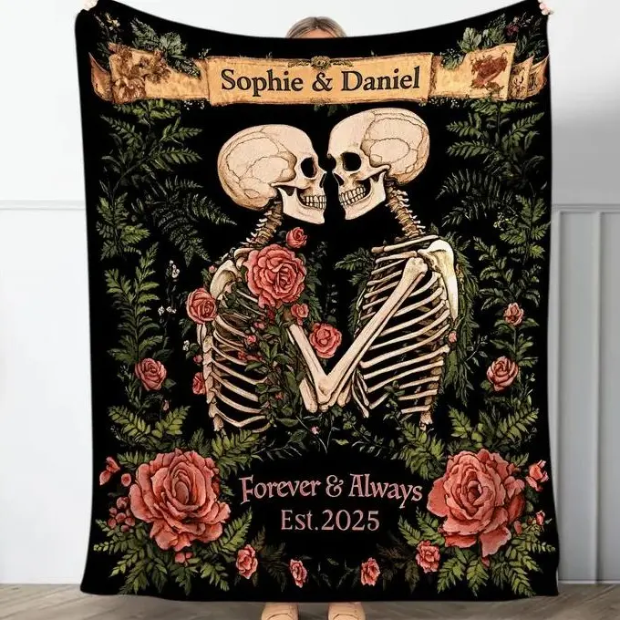 Skeleton Couple Till Death Blanket, Personalized Skeleton Lovers Wedding Blanket, Spooky Goth Couple Halloween Gift, Dad and Mom Anniversary, Gift Blanket  Decor Christmas and Halloween and Birthday