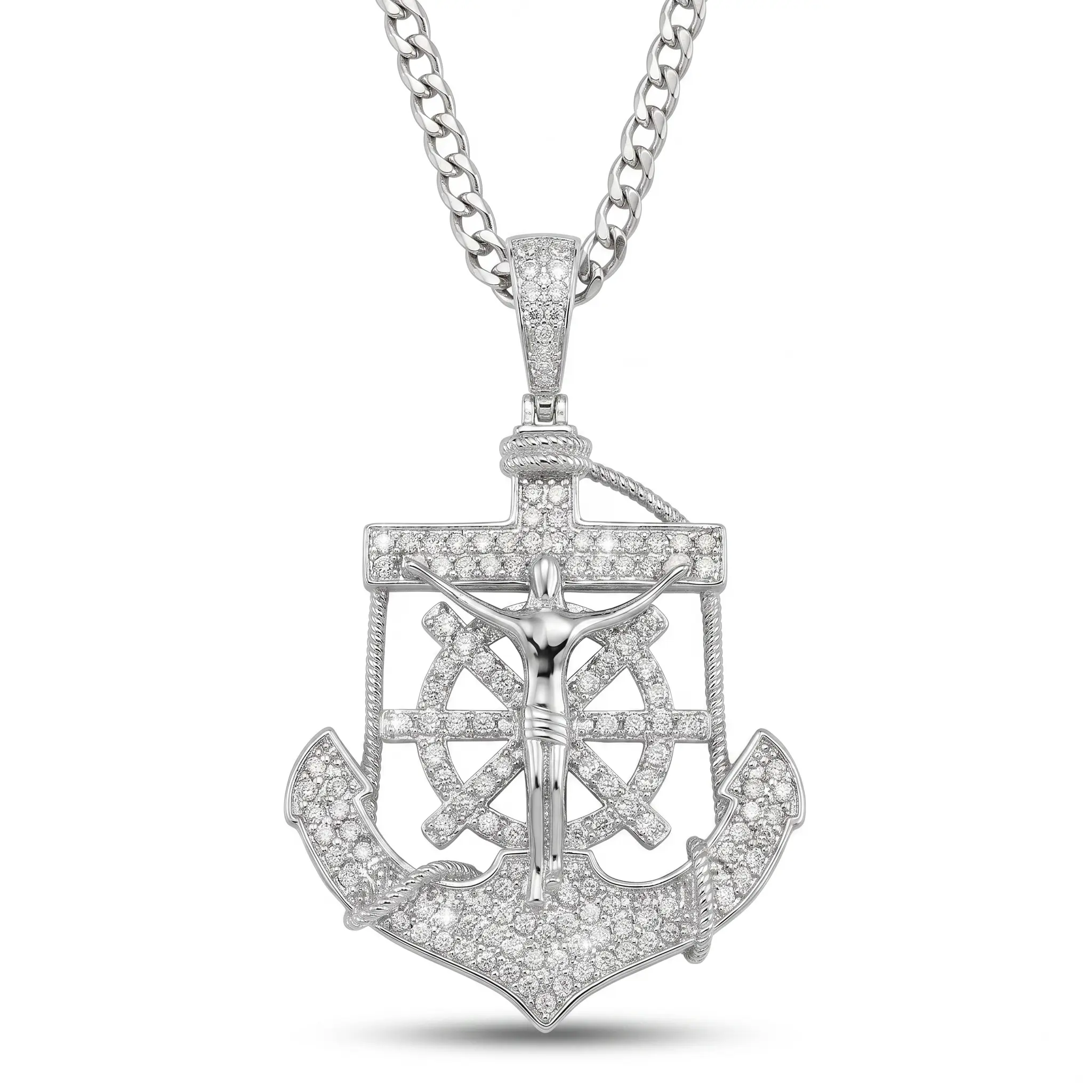 【AMKMAX】14K White Gold Plated Anchor Necklace for Men & Women – CZ Diamond Cuban Link Chain, Durable Cuban Chain, Luxury Faith Jewelry Gift graduation lei pendant luxurious style husband valentine