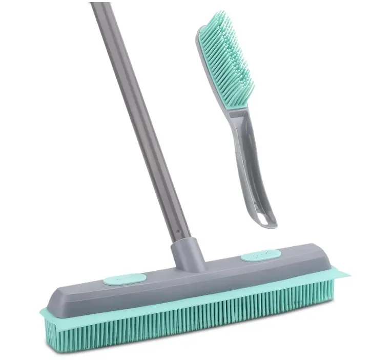 Conliwell Rubber Broom Carpet Rake for Pet Hair, Fur Remover Broom with Squeegee, Portable Detailing Lint Remover Brush (Iron Handle)