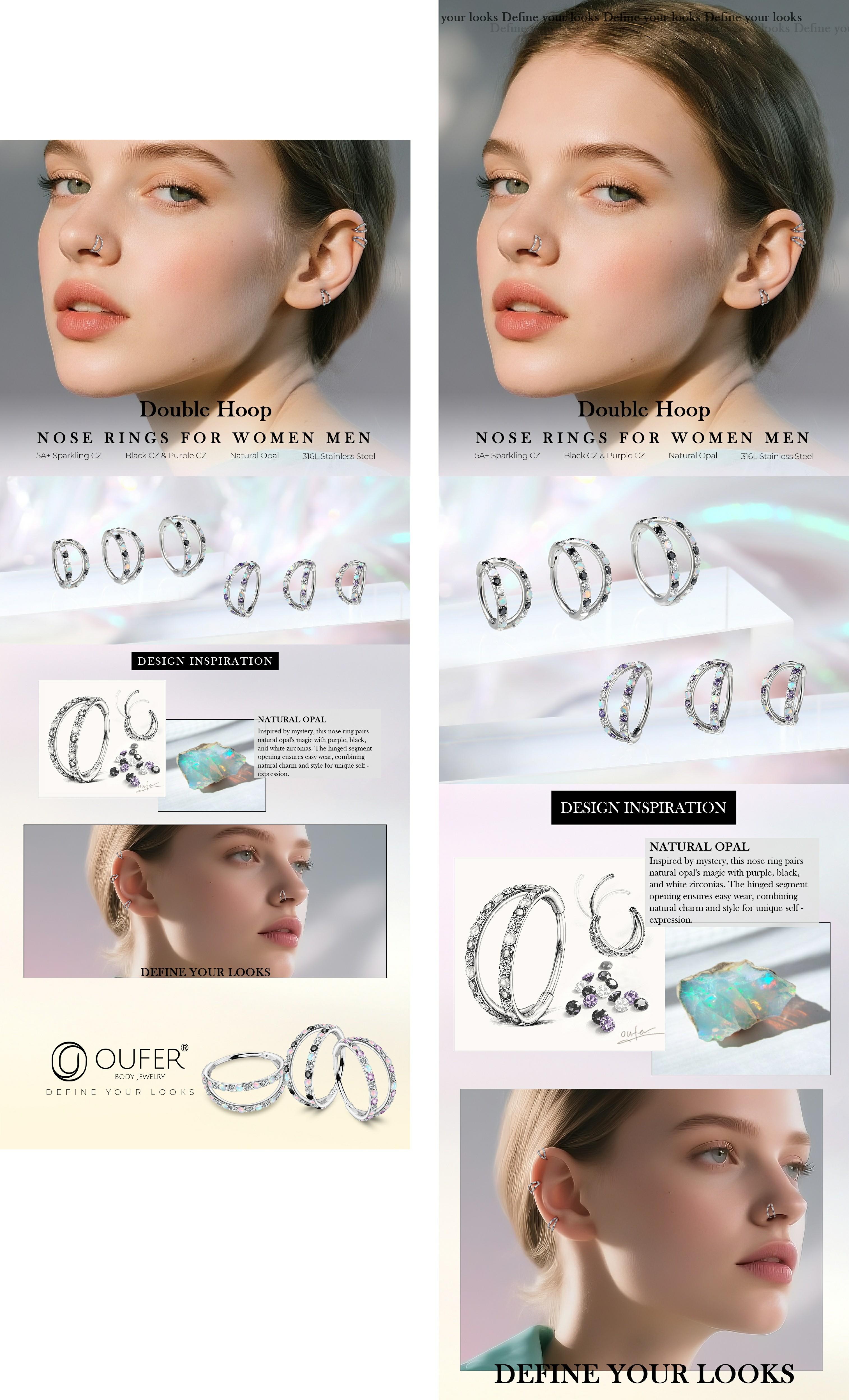 Oufer 20G Semiprecious Opal Mixed AAA+ CZ Nostril Nose Ear Segment Hinged Piercing Hoop Ring 316L Stainless Steel Body Jewelry Non Tarnish