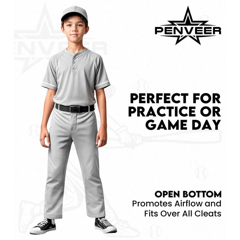Penveer Youth Baseball Pants, Full Length Open Bottom Boys Baseball Pants with Durable Snap, Softball Pants, T Ball Pants (White) Athletic Wear