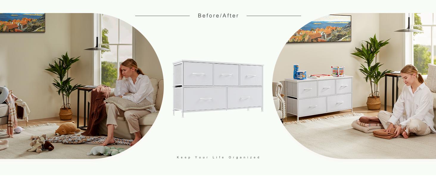 Cupboards Cabinets Dresser - Fabric Storage Tower with 5 Drawers, Bedroom Organizer, Chest of Drawers with Fabric Bins, for Bedroom, Closet, Entryway