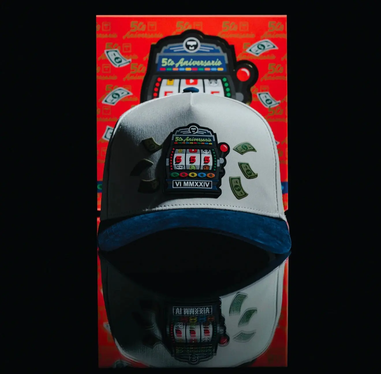 Markitos Toys Anniversary Snapback Baseball Cap - 5th Beige-Navy Blue Custom Embroidered Premium Everyday Limited Edition Headwear, Fashion Accessory