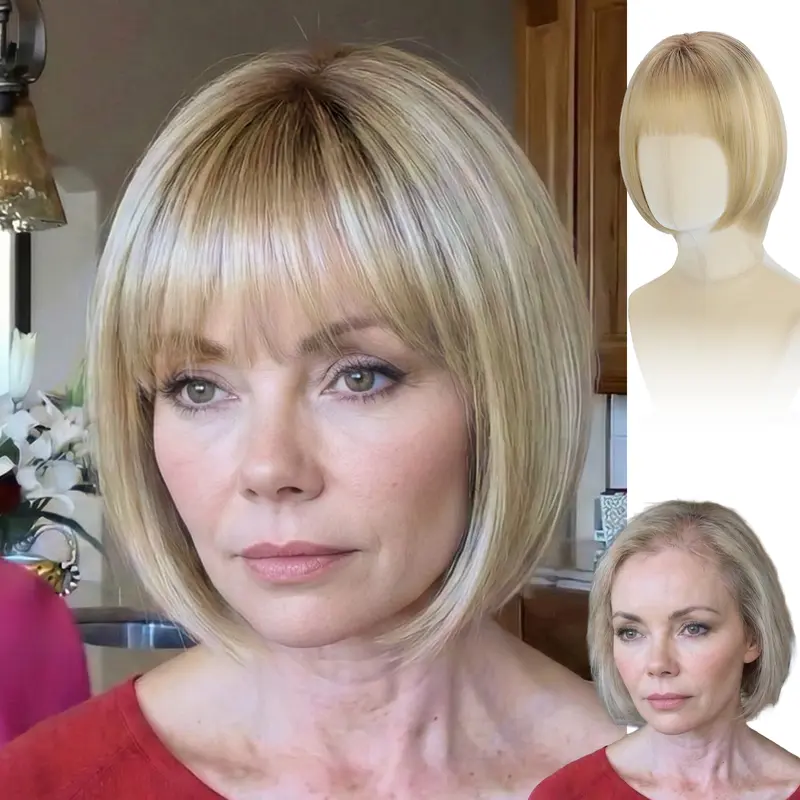 Muriel WIGYY Honey Blonde Short Bob Synthetic Hair Wig for Women with Bangs - Lace Front Glueless Wig, Resizable Cap, Heat-Resistant Protein Fiber, Lightweight Soft Touch, Anti-Tangle, Halloween Daily Wear