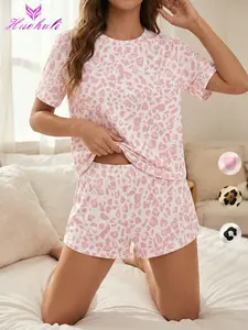 Two-Piece Women's Leopard Print Pajama Set, Comfy Round Neck Short Sleeve Top & Elastic Waist Pants, All Seasons Comfy Sleepwear & Loungewear for Ladies