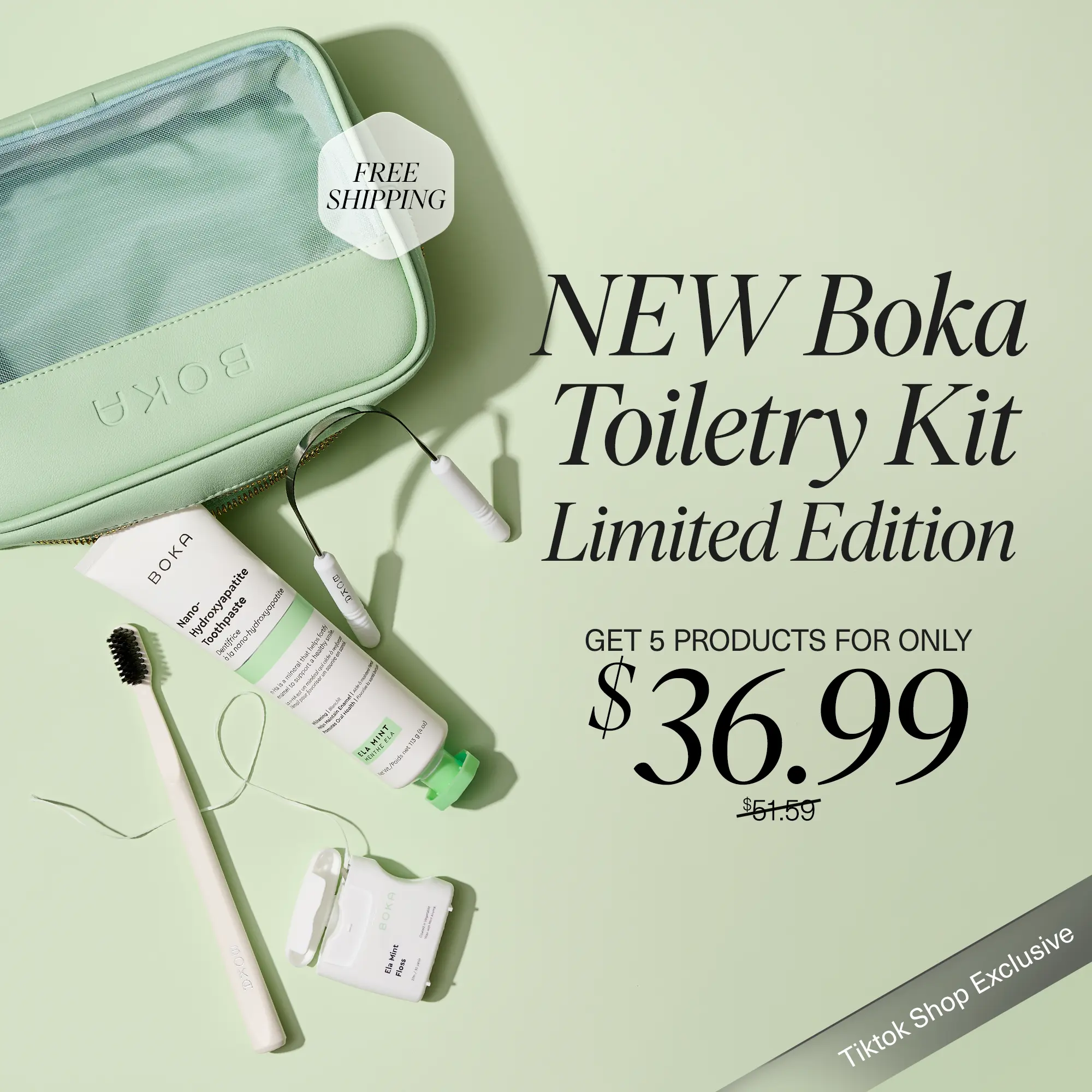 NEW Boka Toiletry Kit Limited Edition TikTok Shop Exclusive | The 2026 Wellness Reset Oral Care Kit: Ela Mint n-Ha Toothpaste, Charcoal Toothbrush, Stainless Tongue Scraper, Floss, Fluoride-Free, SLS-Free, Paraben-Free