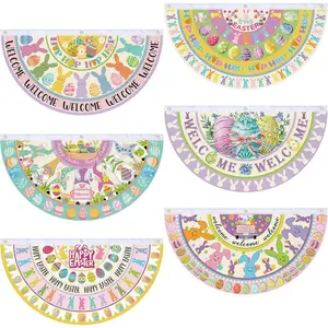 6 Pcs Easter Welcome Bunting Flag Happy Easter Garden Fan Flag Spring Bunny Egg Half Fan Banner Decoration for spring Holiday Indoor Outdoor Yard, 1.5 x 3 ft