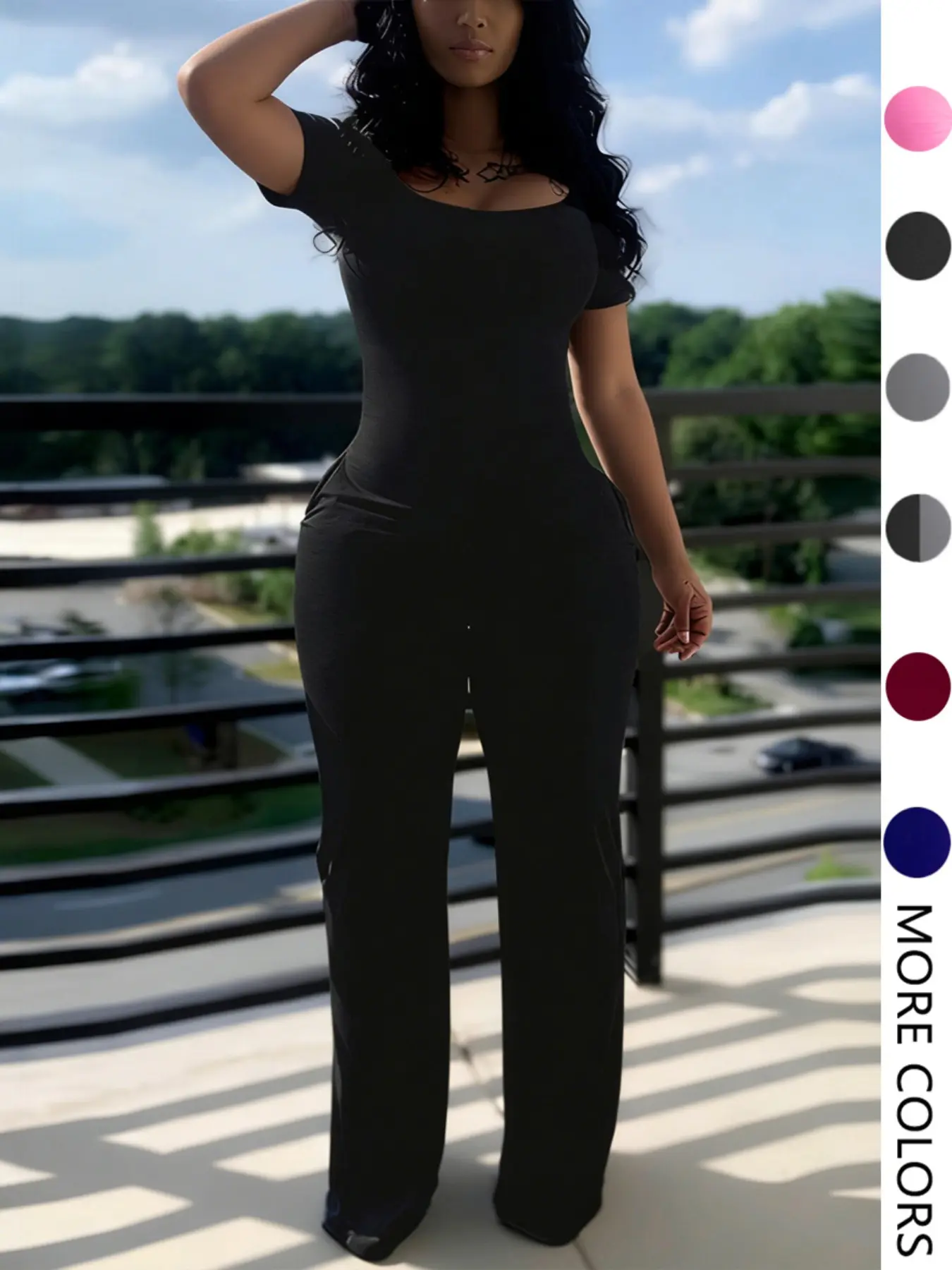 Women's Chic Minimalist Basic Fitted Short-Sleeve Jumpsuit, Plain Low-Neck Design with Pockets, All-Season Casual Fashion Summer Wear Style