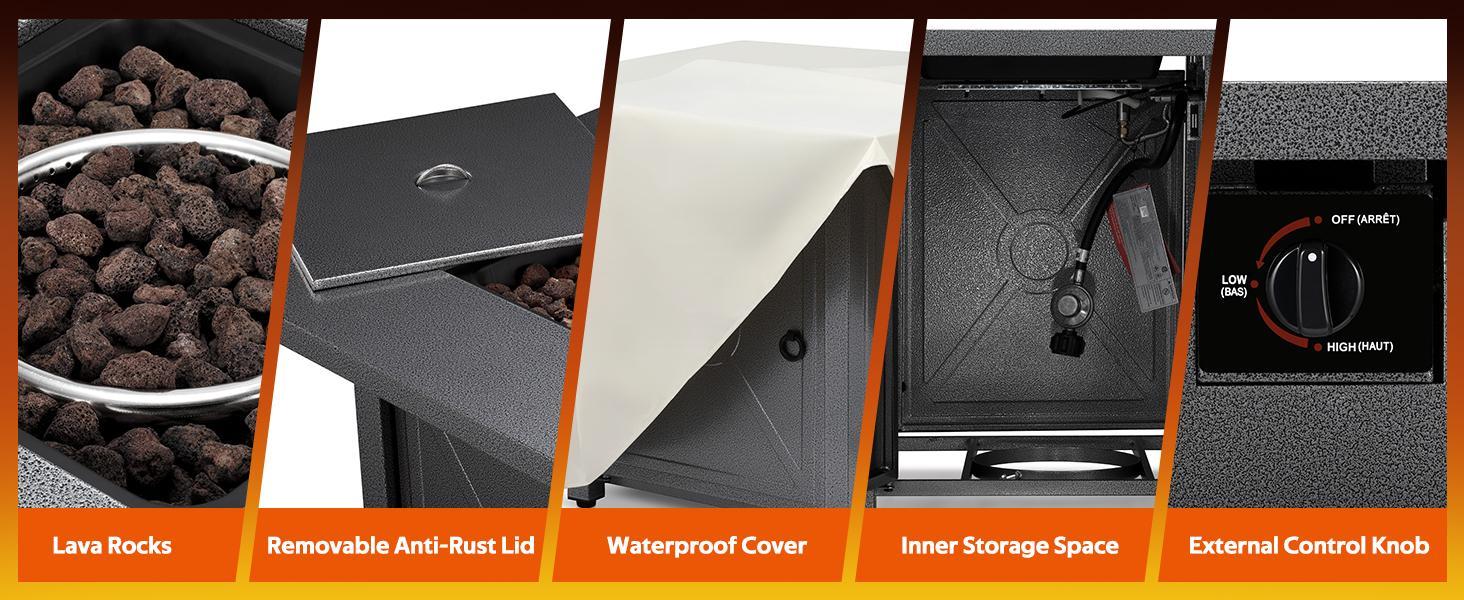 R.W.FLAME Propane Fire Pit , 28"/ 43" Outdoor Gas Fire Tables, Auto-Ignition Fire Tables with Lid, Rain Cover and 3 Pounds Lava Stones for Outside Garden Backyard Deck Patio (Square)